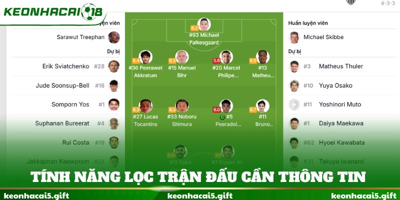 Tính năng lọc trận đấu cần thông tin